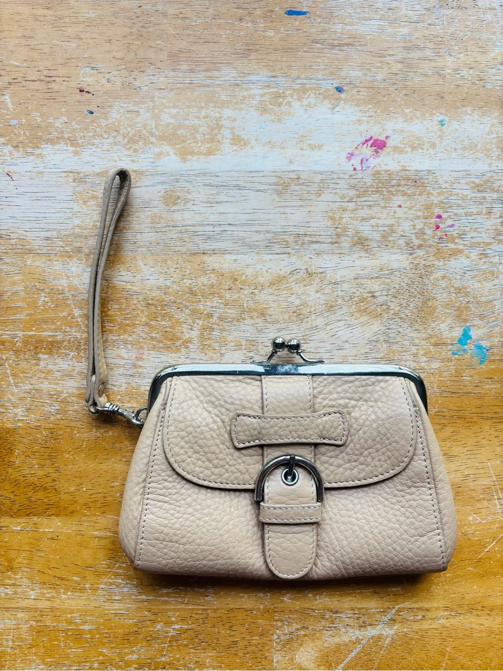 Talbots Taupe Pebble 100% Leather Wristlet Kisslock Clutch